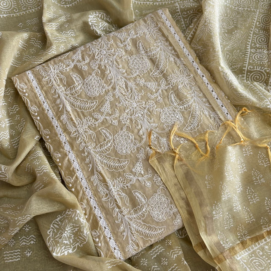 Premium Chanderi Thread & Sequin Embroidered Unstitched Suit Set-IK2649-01