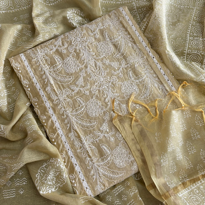 Premium Chanderi Thread & Sequin Embroidered Unstitched Suit Set-IK2649-01
