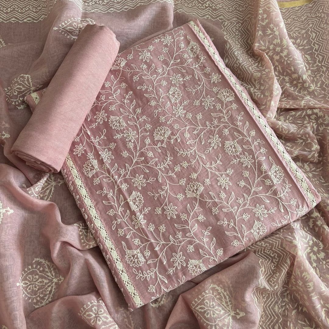 Premium Chanderi Thread & Sequin Embroidered Unstitched Suit Set-IK2649-03