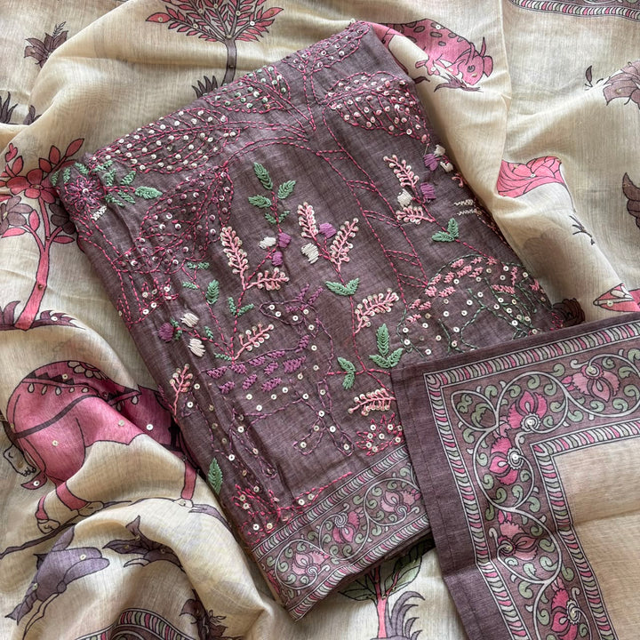 Elegant Tiji Silk Multicolor Floral Embroidery Unstitched Suit Set-SK1606-01