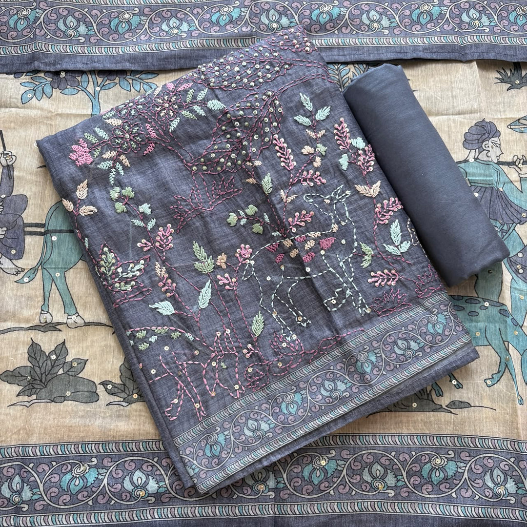 Elegant Tiji Silk Multicolor Floral Embroidery Unstitched Suit Set-SK1606-03