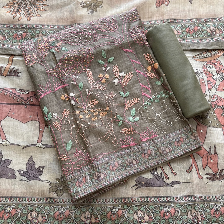 Elegant Tiji Silk Multicolor Floral Embroidery Unstitched Suit Set-SK1606-02
