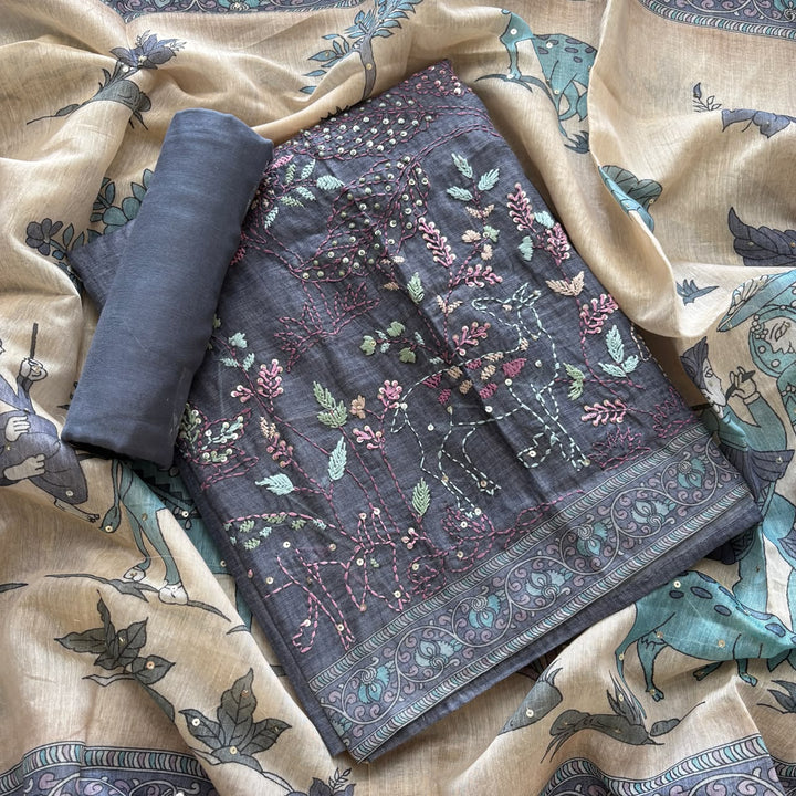 Elegant Tiji Silk Multicolor Floral Embroidery Unstitched Suit Set-SK1606-03