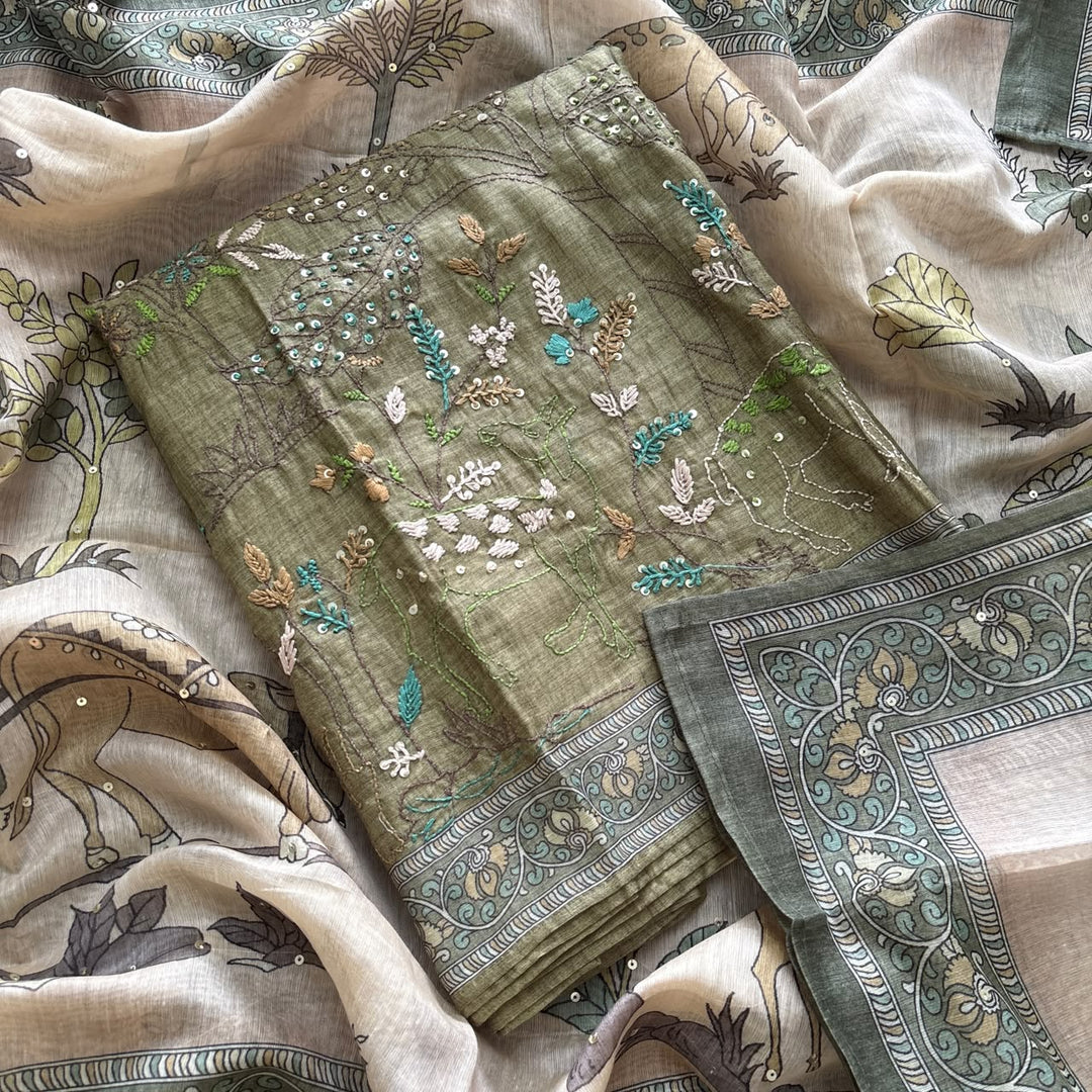 Elegant Tiji Silk Multicolor Floral Embroidery Unstitched Suit Set-SK1606-02