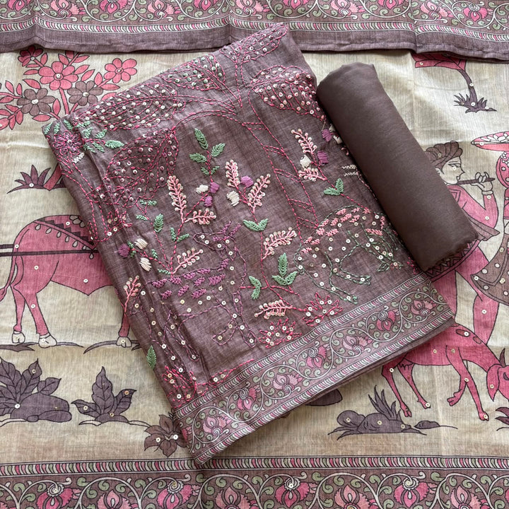 Elegant Tiji Silk Multicolor Floral Embroidery Unstitched Suit Set-SK1606-01