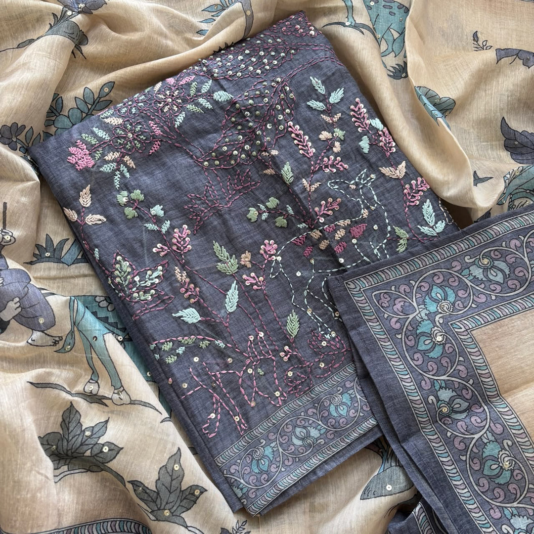 Elegant Tiji Silk Multicolor Floral Embroidery Unstitched Suit Set-SK1606-03