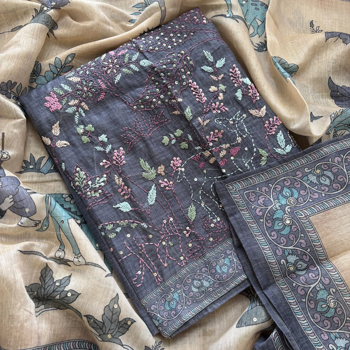 Elegant Tiji Silk Multicolor Floral Embroidery Unstitched Suit Set-SK1606-03