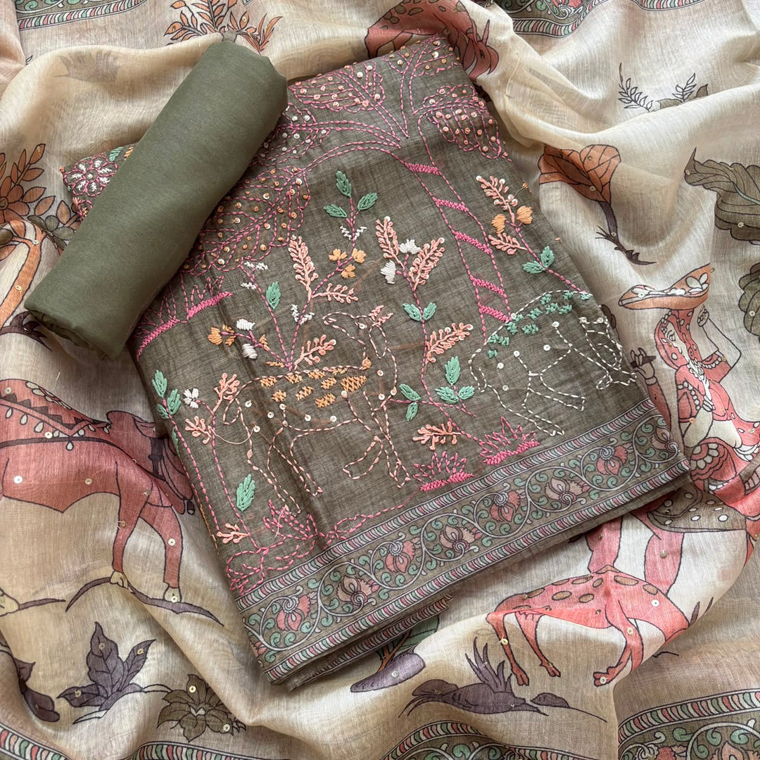 Elegant Tiji Silk Multicolor Floral Embroidery Unstitched Suit Set-SK1606-02