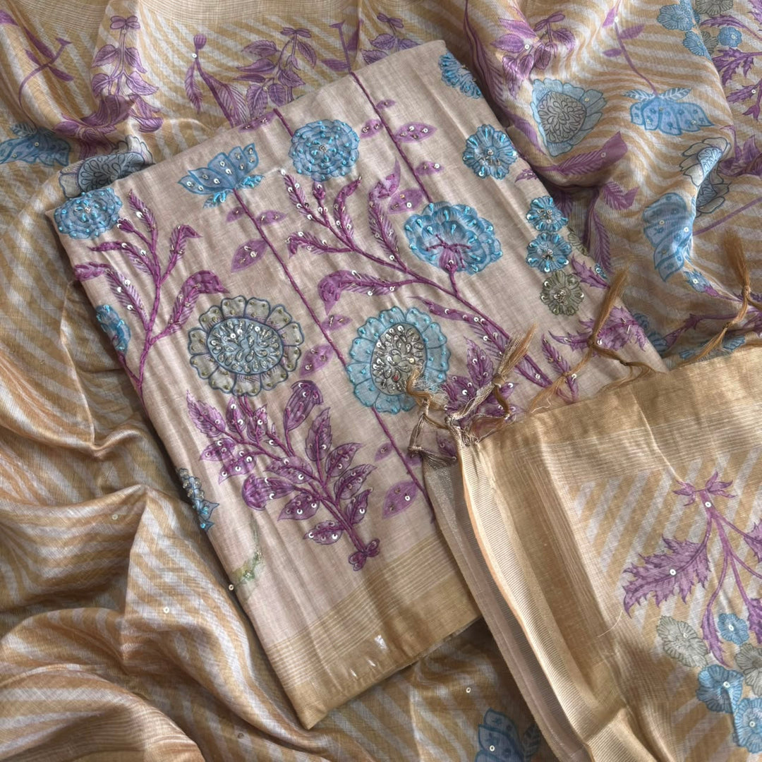 Elegant Tiji Silk Multicolor Floral Embroidery Unstitched Suit Set-SK1059-A