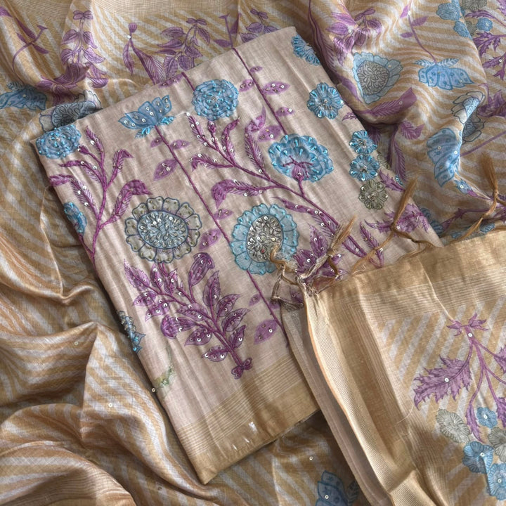 Elegant Tiji Silk Multicolor Floral Embroidery Unstitched Suit Set-SK1059-A