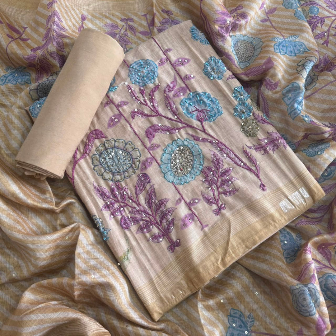 Elegant Tiji Silk Multicolor Floral Embroidery Unstitched Suit Set-SK1059-A