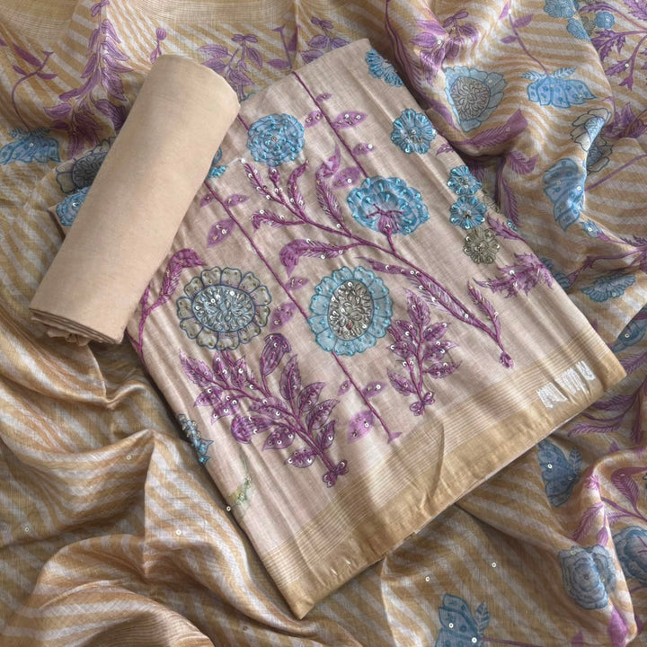 Elegant Tiji Silk Multicolor Floral Embroidery Unstitched Suit Set-SK1059-A