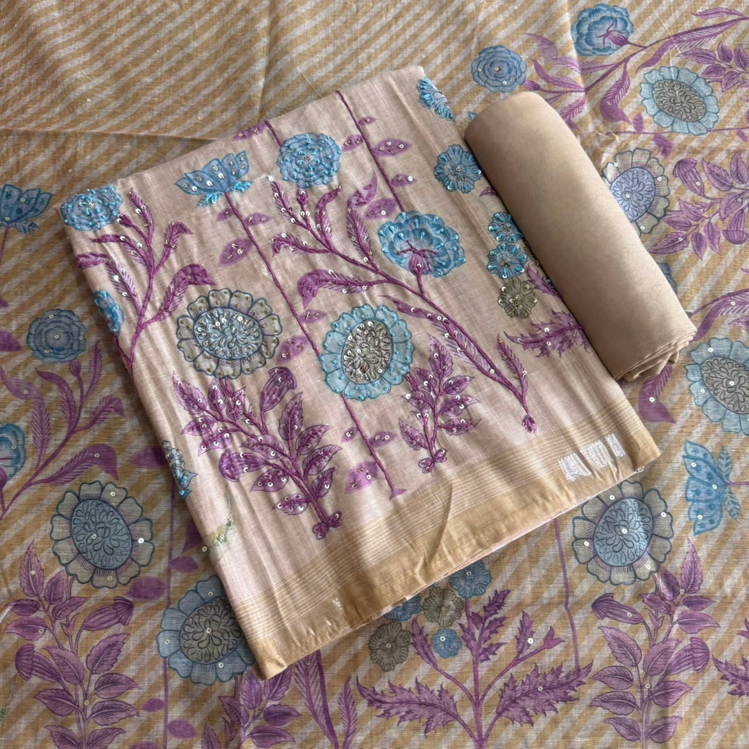 Elegant Tiji Silk Multicolor Floral Embroidery Unstitched Suit Set-SK1059-A