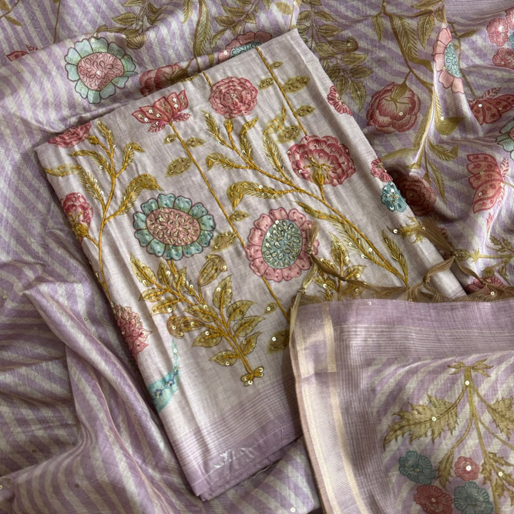 Elegant Tiji Silk Multicolor Floral Embroidery Unstitched Suit Set-SK1059-B