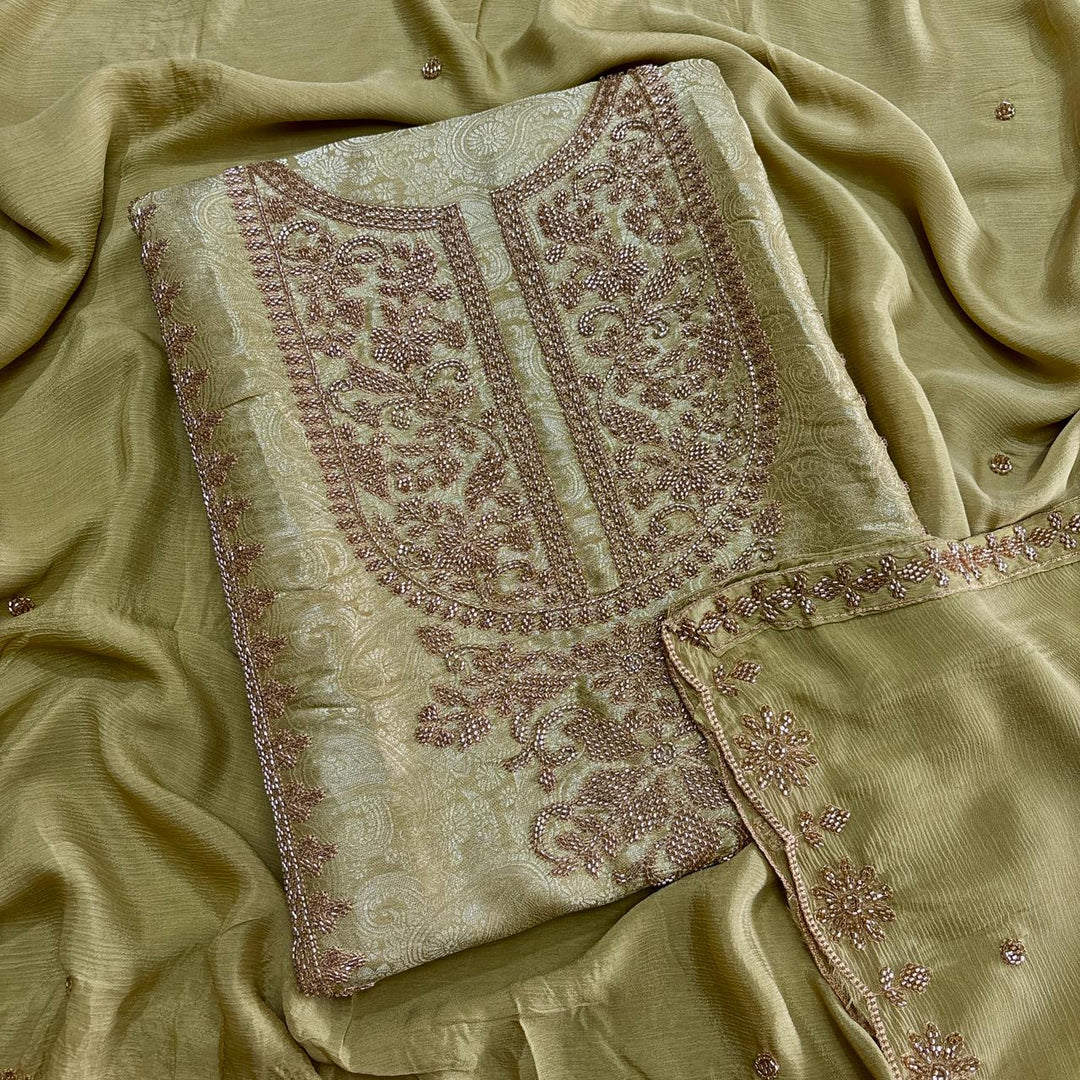 Premium Self Tissue Cutdana Handwork Unstitched Suit Set-MFP005-A