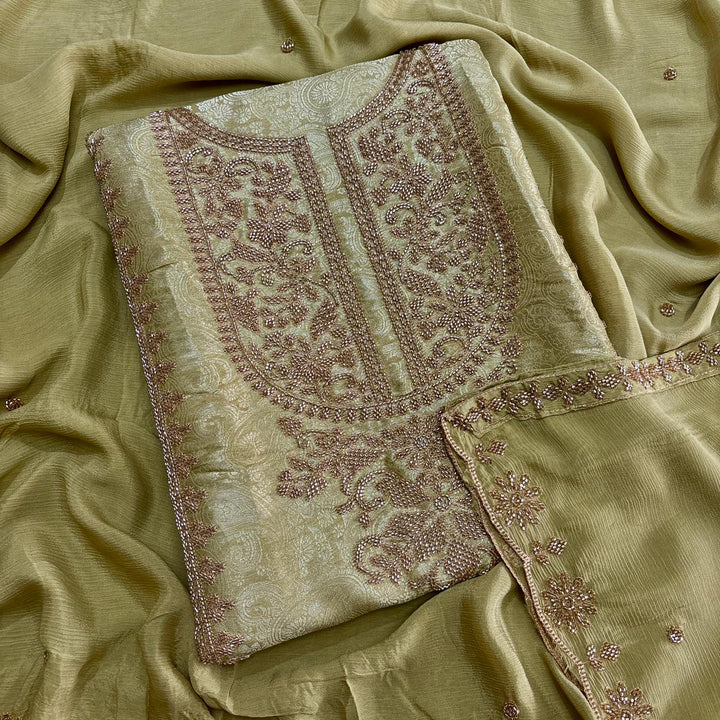 Premium Self Tissue Cutdana Handwork Unstitched Suit Set-MFP005-A