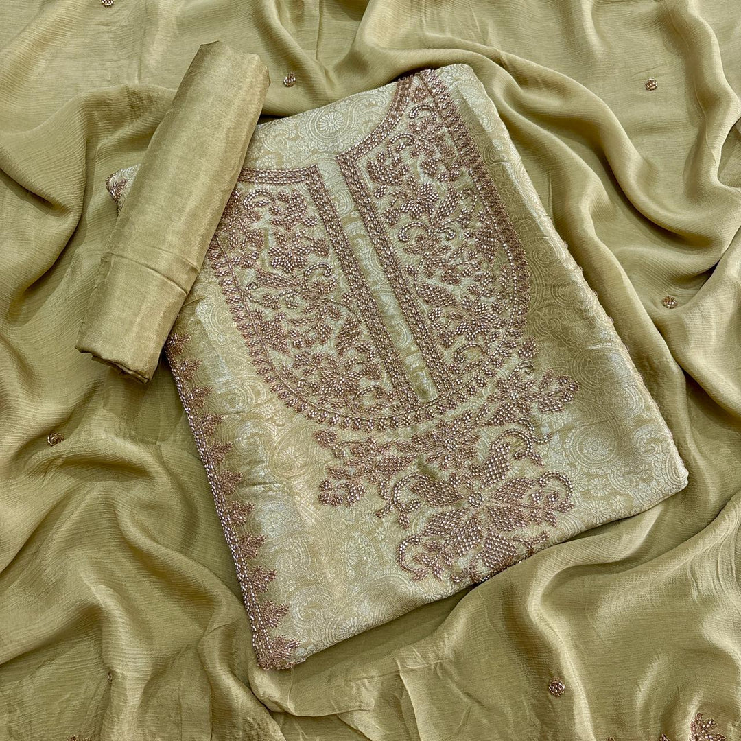 Premium Self Tissue Cutdana Handwork Unstitched Suit Set-MFP005-A