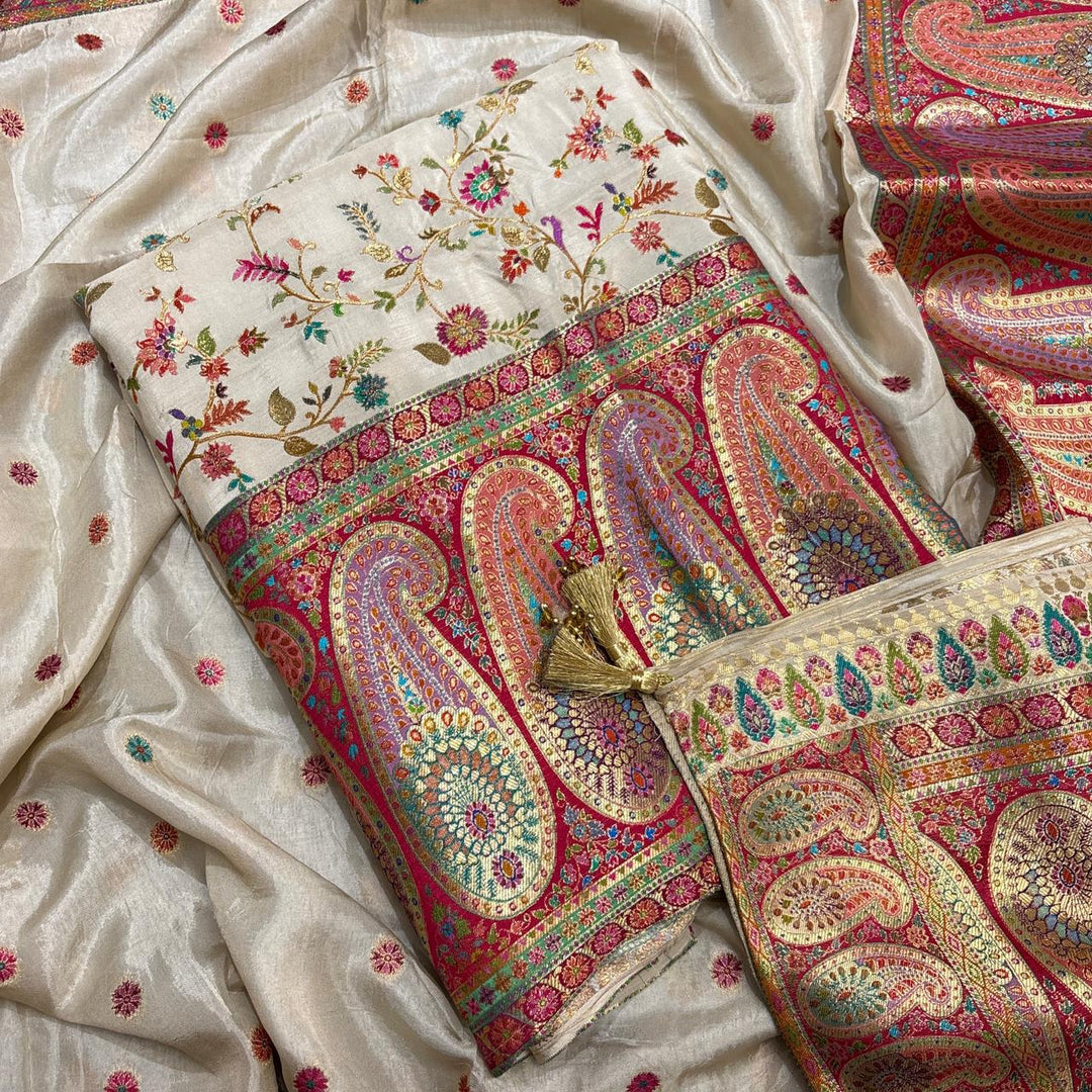 Premium Dola Silk Banarasi Meena Zari Work Unstitched Suit Set-ECE1991-A