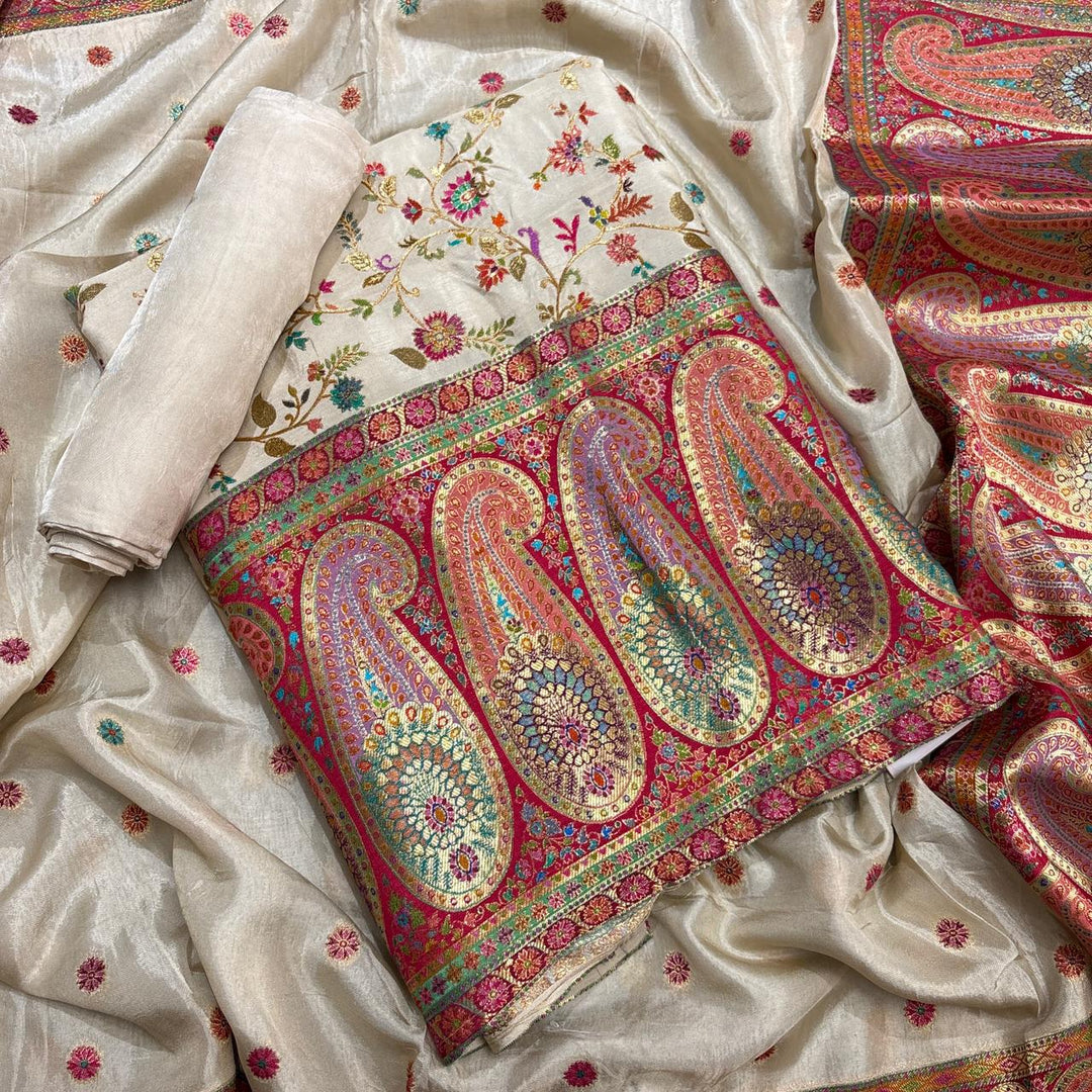 Premium Dola Silk Banarasi Meena Zari Work Unstitched Suit Set-ECE1991-A