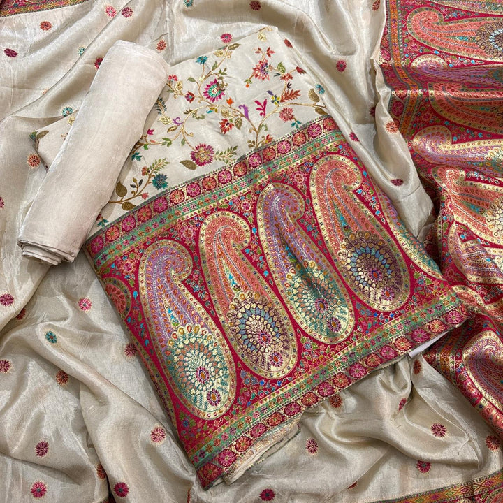 Premium Dola Silk Banarasi Meena Zari Work Unstitched Suit Set-ECE1991-A