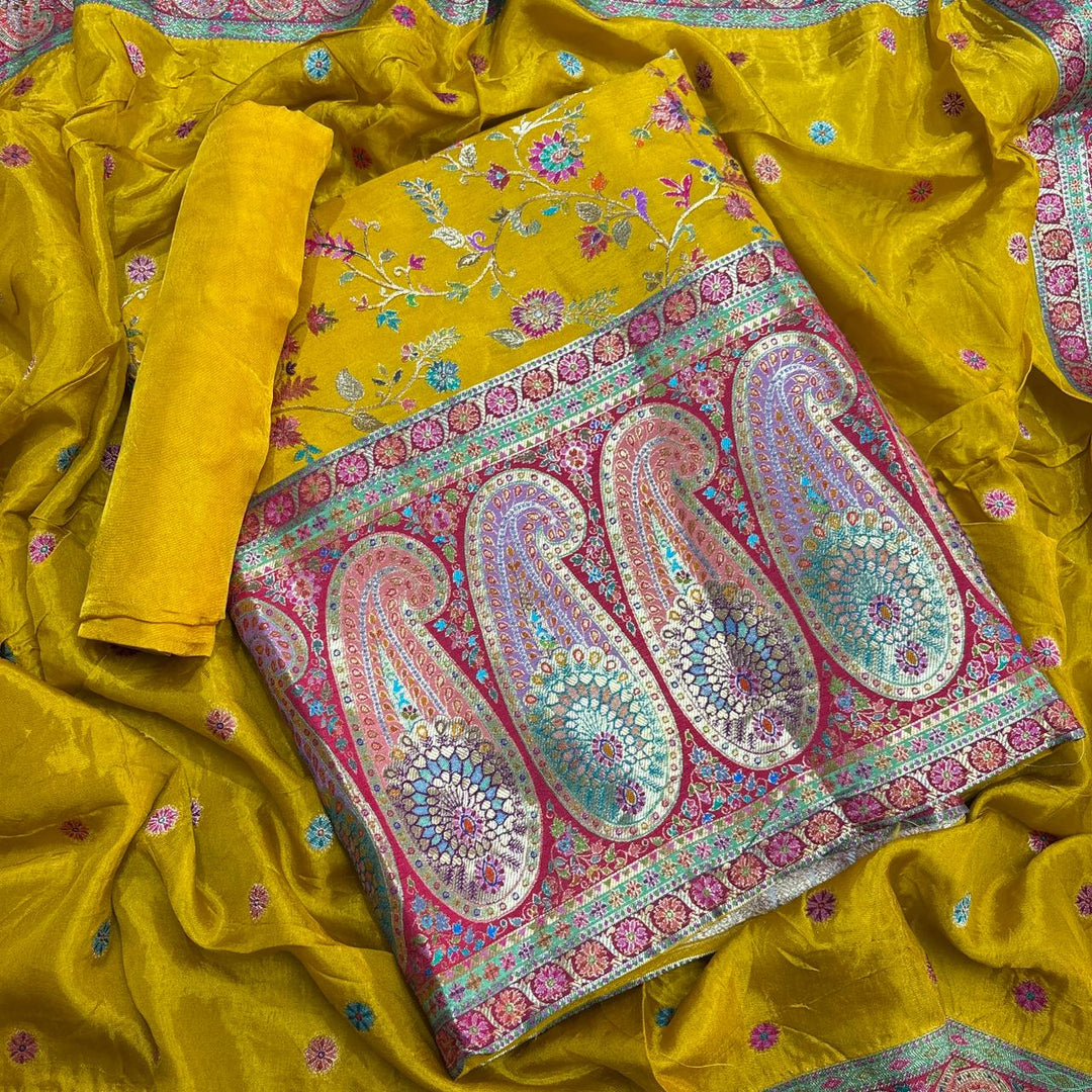 Premium Dola Silk Banarasi Meena Zari Work Unstitched Suit Set-ECE1991-A1