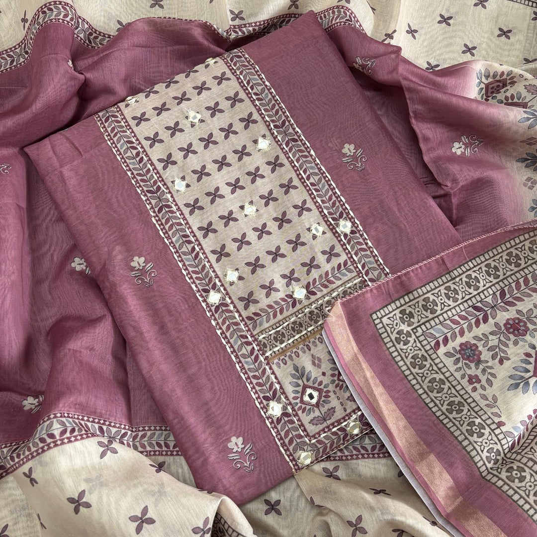 Premium Chanderi Mirror & Thread Work Unstitched Suit Set-N15471-A1