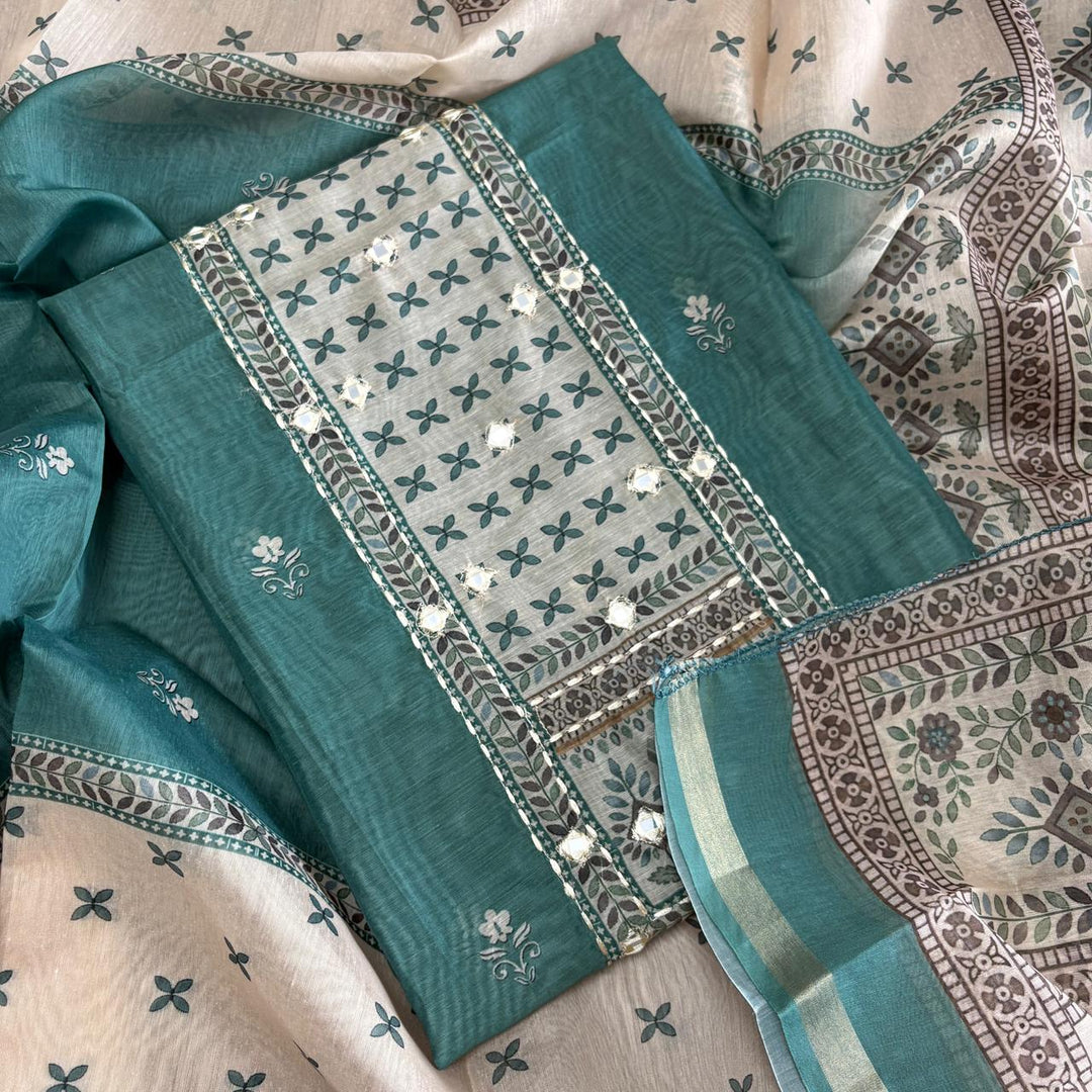 Premium Chanderi Mirror & Thread Work Unstitched Suit Set-N15471-A