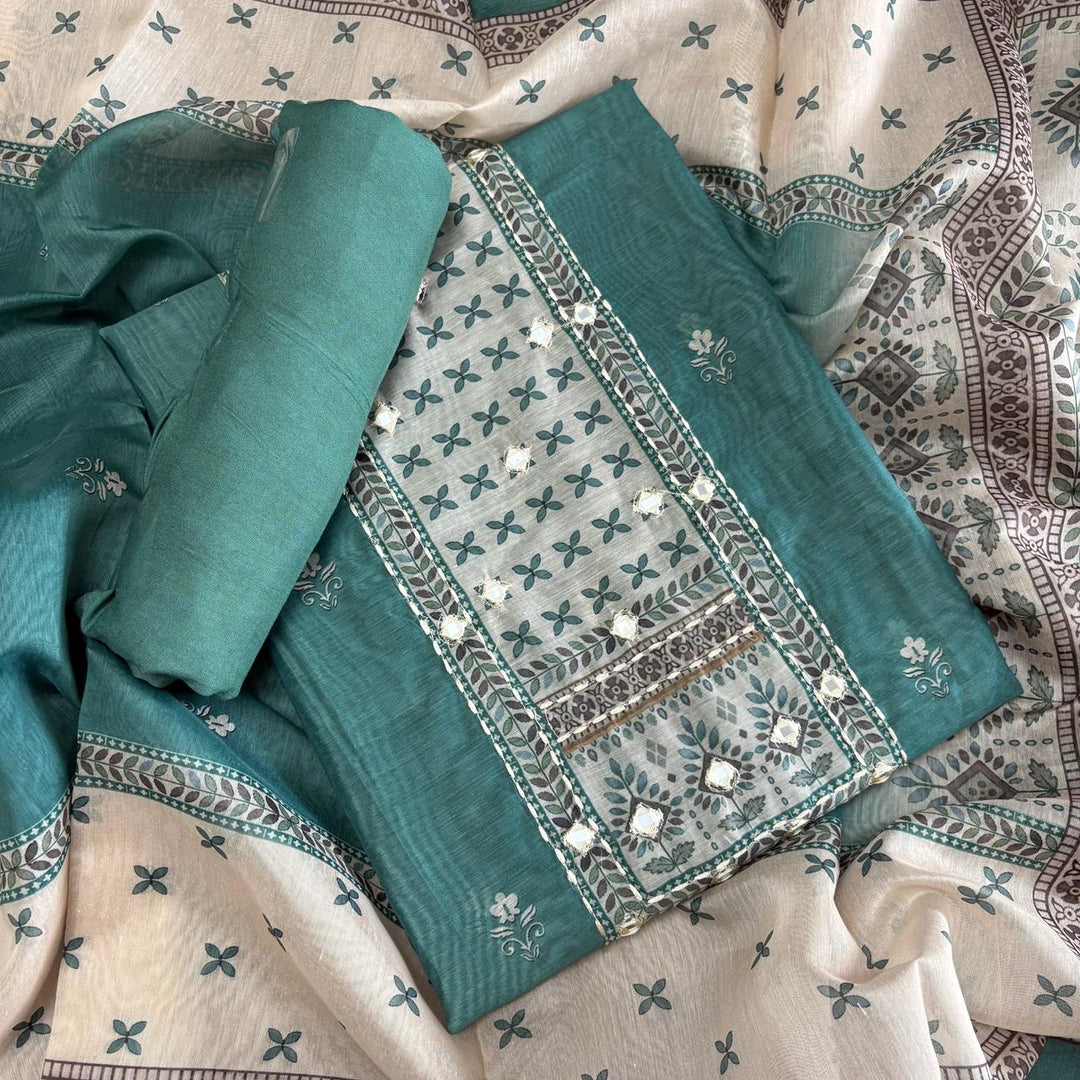 Premium Chanderi Mirror & Thread Work Unstitched Suit Set-N15471-A