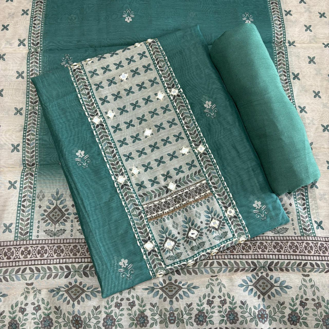 Premium Chanderi Mirror & Thread Work Unstitched Suit Set-N15471-A