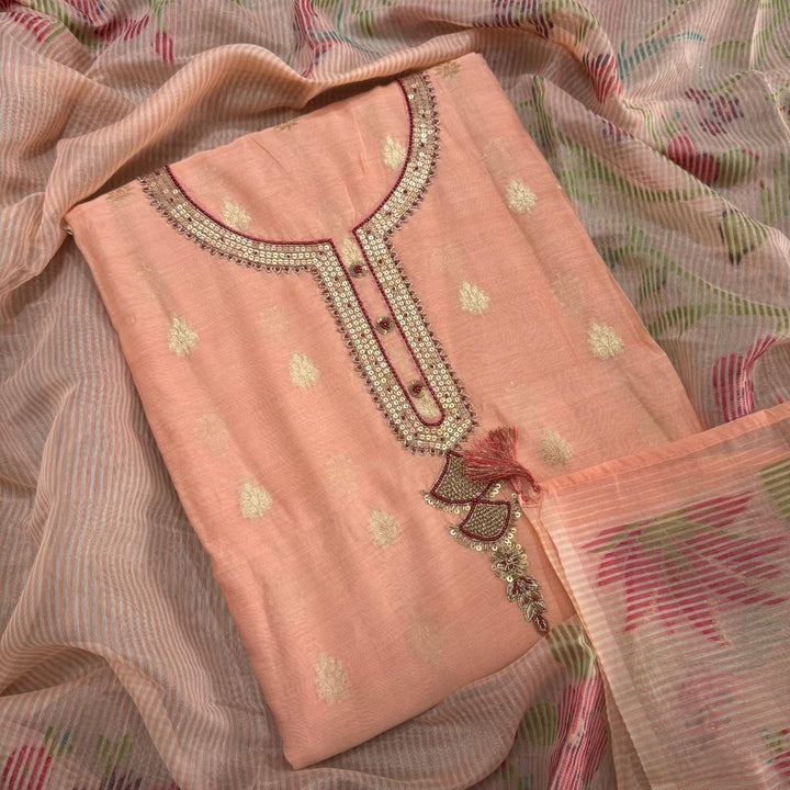 Mal Chanderi Sequence Pearl & Dori Work Unstitched Suit Set - RE3177-B