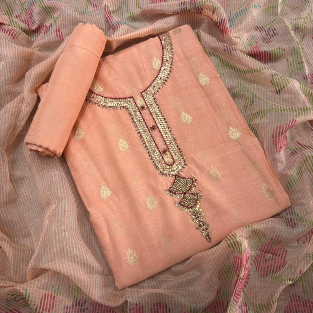Mal Chanderi Sequence Pearl & Dori Work Unstitched Suit Set - RE3177-B