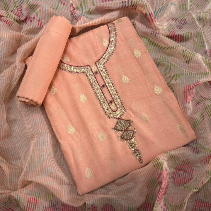 Mal Chanderi Sequence Pearl & Dori Work Unstitched Suit Set - RE3177-B