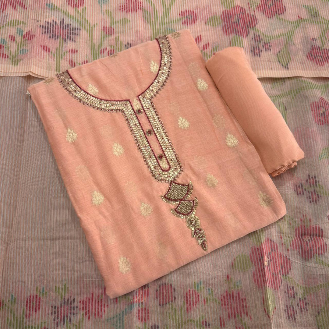 Mal Chanderi Sequence Pearl & Dori Work Unstitched Suit Set - RE3177-B