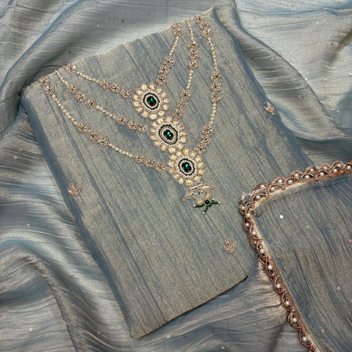 Premium Shimmer Tissue Dabka Pearl Work Unstitched Suit Set-VC0003-A2