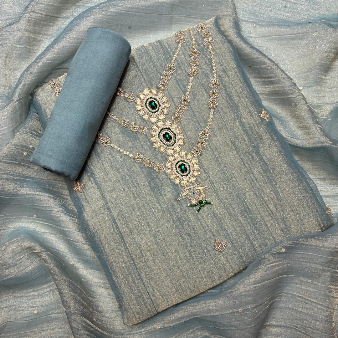 Premium Shimmer Tissue Dabka Pearl Work Unstitched Suit Set-VC0003-A2