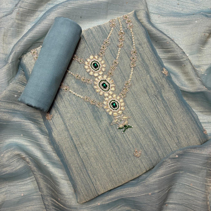 Premium Shimmer Tissue Dabka Pearl Work Unstitched Suit Set-VC0003-A2