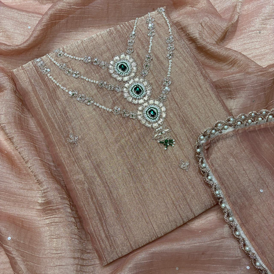 Premium Shimmer Tissue Dabka Pearl Work Unstitched Suit Set-VC0003-A1