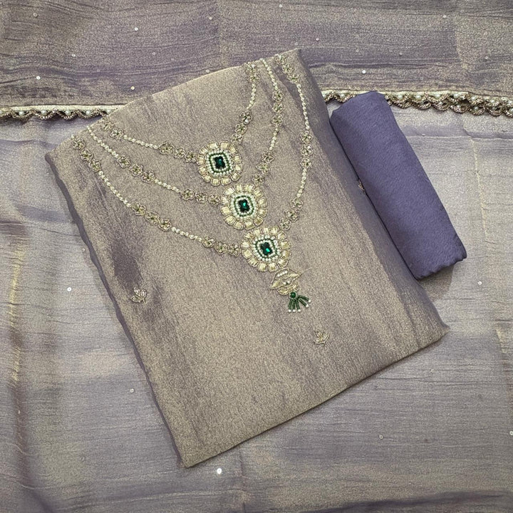Premium Shimmer Tissue Dabka Pearl Work Unstitched Suit Set-VC0003-A