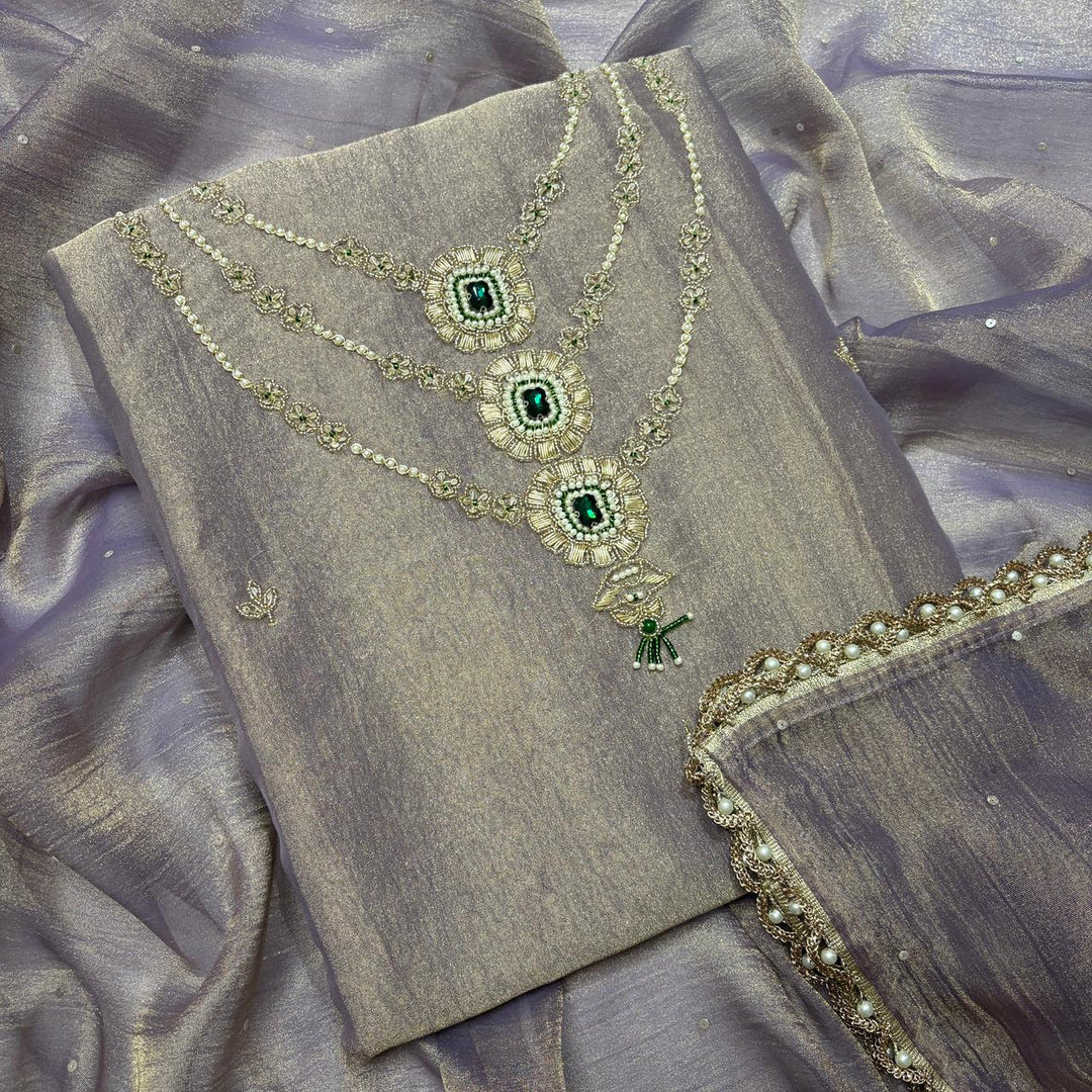 Premium Shimmer Tissue Dabka Pearl Work Unstitched Suit Set-VC0003-A