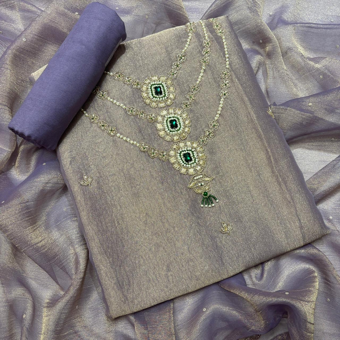 Premium Shimmer Tissue Dabka Pearl Work Unstitched Suit Set-VC0003-A