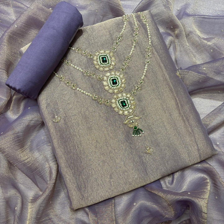 Premium Shimmer Tissue Dabka Pearl Work Unstitched Suit Set-VC0003-A