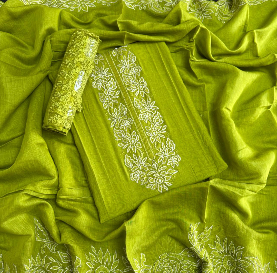 Pure Mul Chanderi Thread Work Unstitched Suit Set-GFML50-A