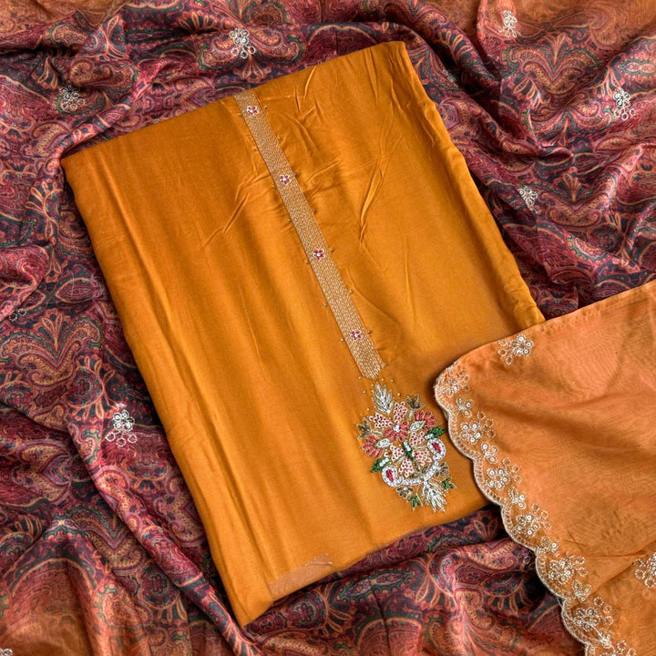 Premium Dola Silk Dabka Work Unstitched Suit Set-GFA266-A
