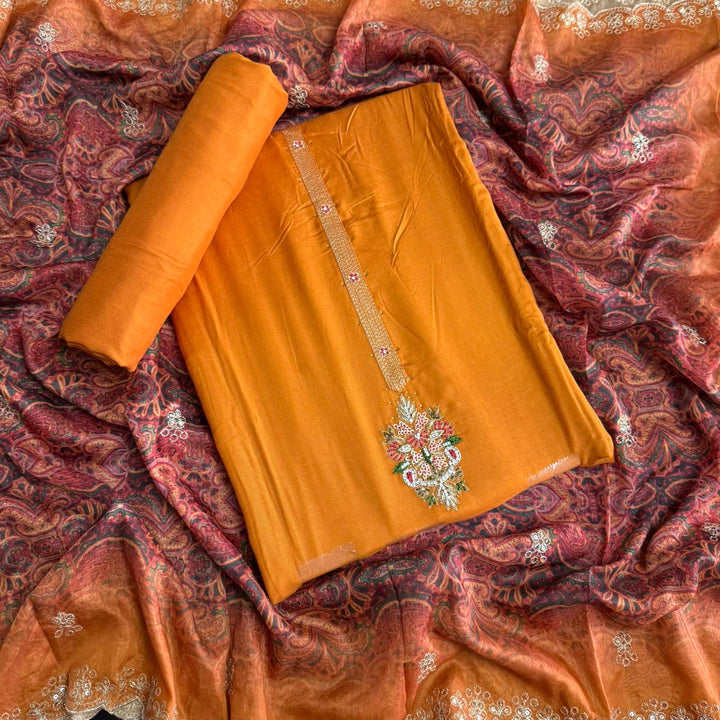 Premium Dola Silk Dabka Work Unstitched Suit Set-GFA266-A