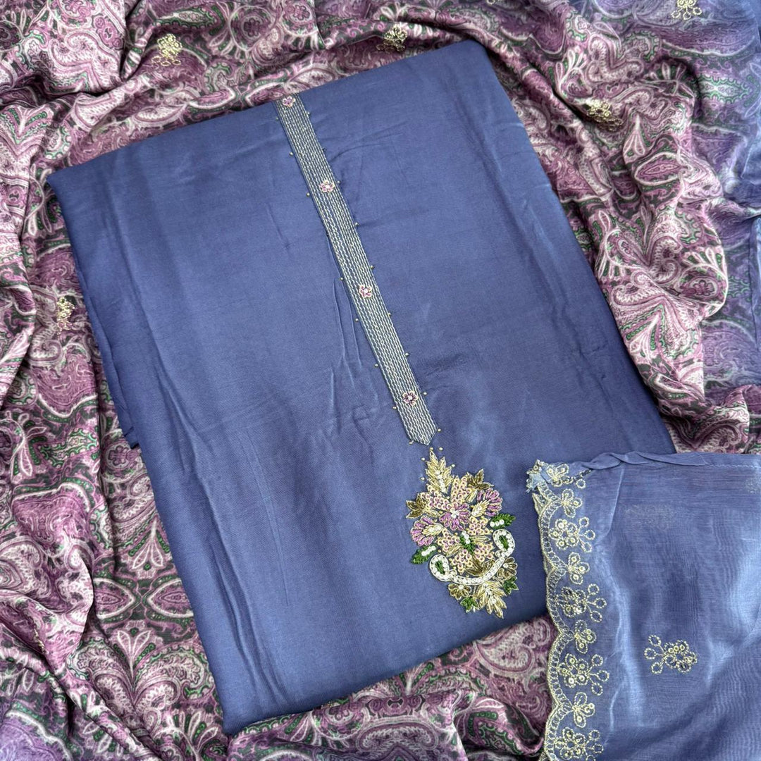 Premium Dola Silk Dabka Work Unstitched Suit Set-GFA266-B