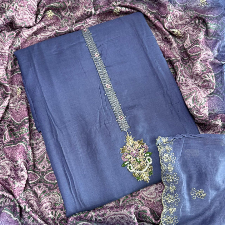 Premium Dola Silk Dabka Work Unstitched Suit Set-GFA266-B