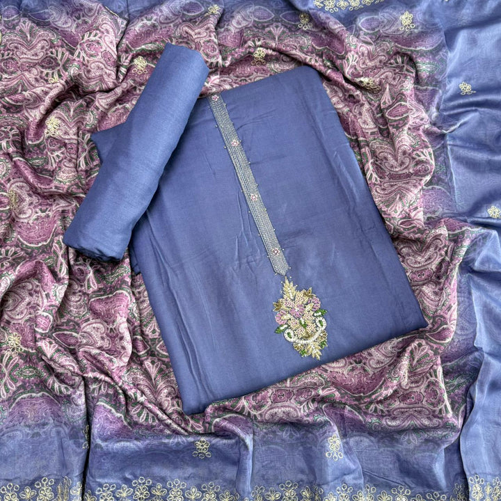 Premium Dola Silk Dabka Work Unstitched Suit Set-GFA266-B