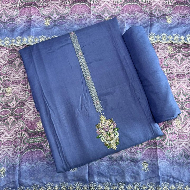 Premium Dola Silk Dabka Work Unstitched Suit Set-GFA266-B