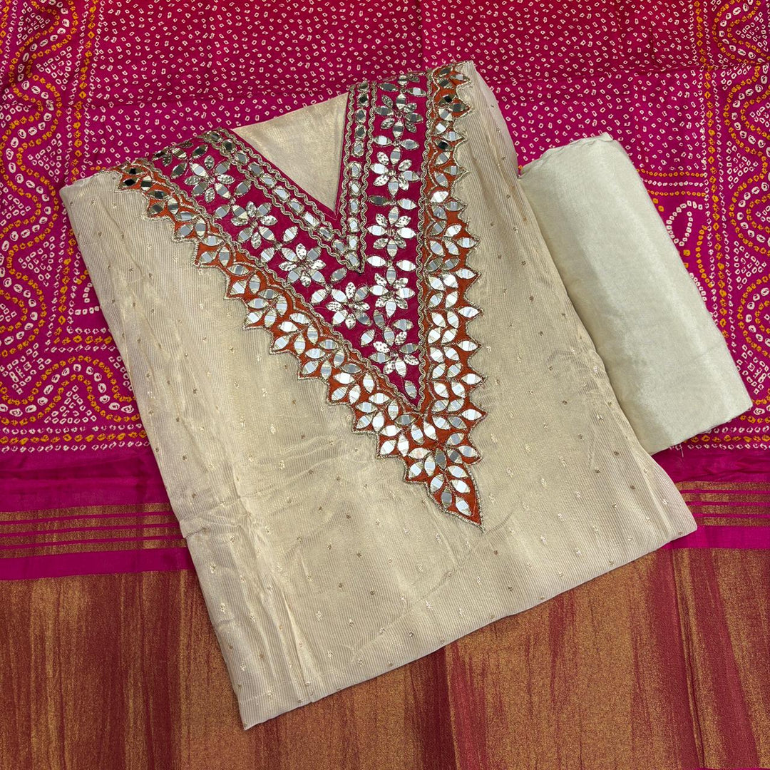Elegant Organza Silk Gota Patti Work Unstitched Suit Set-NO4045-A
