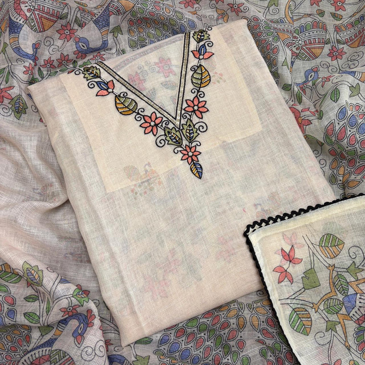Premium Linen Cotton Moti Work Unstitched Suit Set-V18578B-A